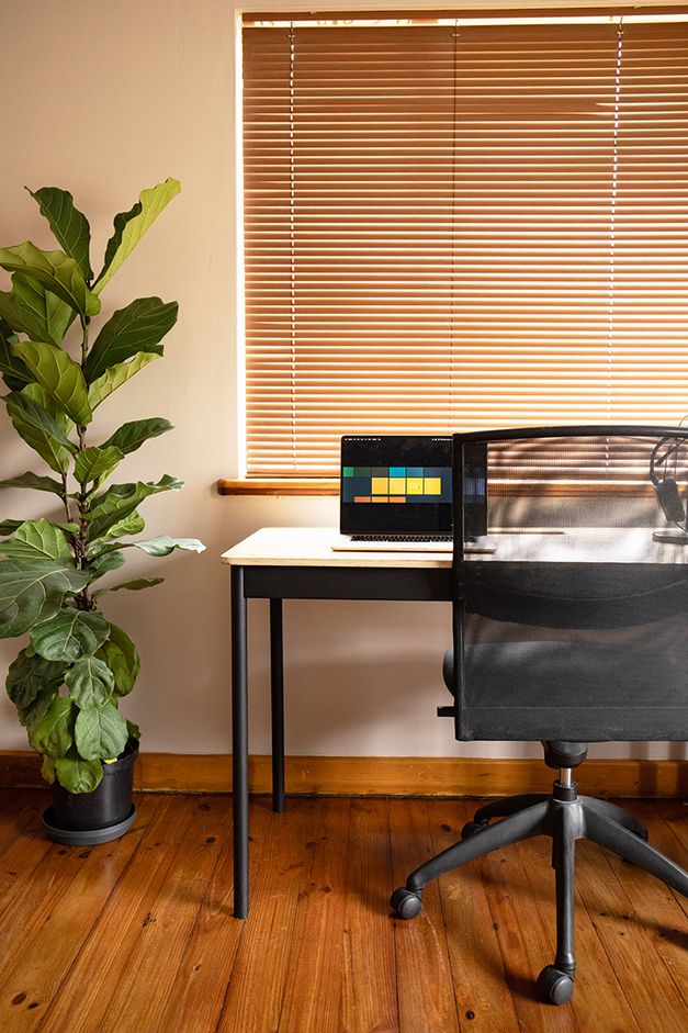 Modern workspace at Kanwerk with desk, laptop, and plant